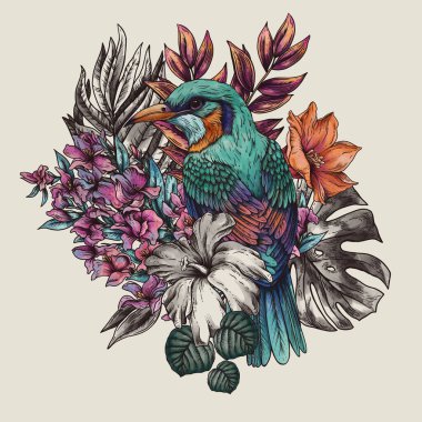 Klasik tropikal kuş, yaz çiçekleri ve canavar yaprakları.