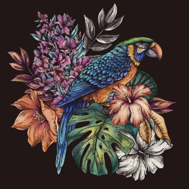 Klasik tropikal kuş, yaz çiçekleri ve canavar yaprakları.