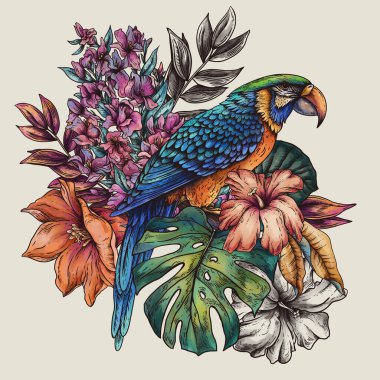 Klasik tropikal kuş, yaz çiçekleri ve canavar yaprakları.