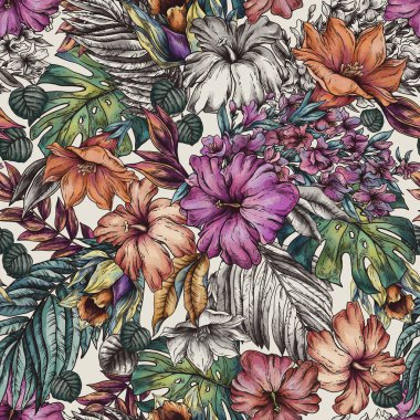 Klasik tropikal desenli çiçek deseni, yaz çiçekleri deseni ve canavar yaprakları.