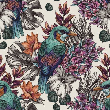 Klasik tropikal kuş deseni, yaz çiçekleri, canavar yaprağı deseni.