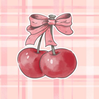 Fiyonklu Suluboya Kirazları ve Eğik İllüstrasyon Tartan Pembe deseni