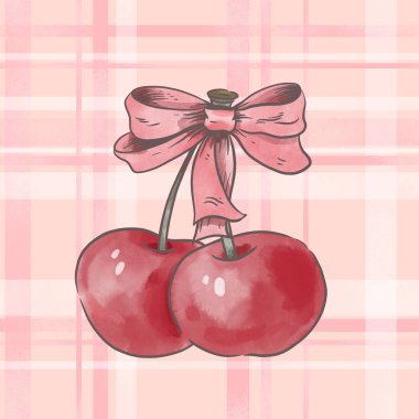 Fiyonklu Suluboya Kirazları ve Eğik İllüstrasyon Tartan Pembe deseni