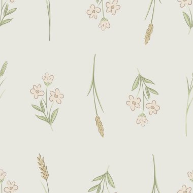 Çiçekli, şirin, kır çiçekli, pürüzsüz desenli Cottagecore, bej rengi üzerinde küçük, nötr renkler.