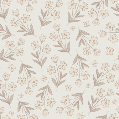 Vector ditsy, şirin, kır çiçekleri, pürüzsüz desenler, küçük, nötr renkler, bej rengi çiçekler.