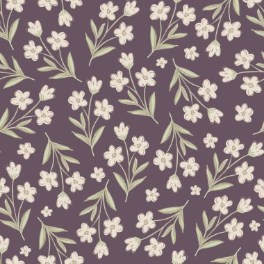 Vector ditsy, şirin, kır çiçekleri, pürüzsüz desenler, Cottagecore, koyu kahverengi üzerine küçük, nötr renkler.