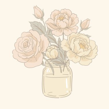 Vector vintage vazo tebrik kartı, cottagecore nötr renkler çiçekler botanik illüstrasyon