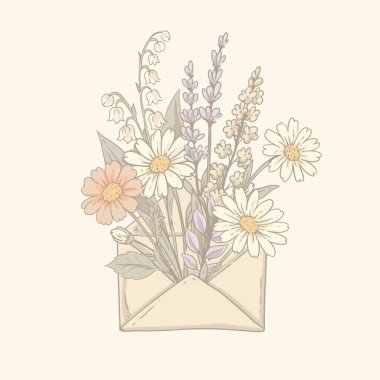 Vector vintage çiçek envepole rustik tebrik kartı, cottagecore nötr lavanta renkleri ve güller botanik illüstrasyon