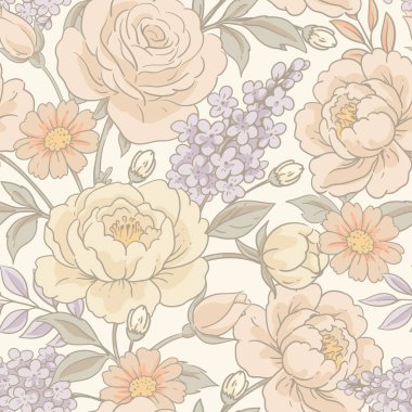 Vector vintage çiçeksiz desen, cottagecore nötr renk desenleri botanik çizimler