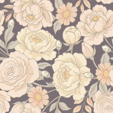 Vector vintage çiçeksiz desen, cottagecore nötr renk desenleri botanik çizimler