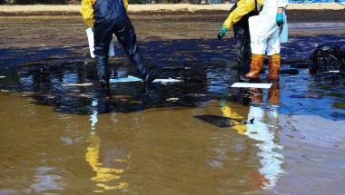 Profesyonel takım ve gönüllü olarak PPE giyiyorlar sahildeki petrol sızıntısını temizliyorlar, petrol tabakası kumsalda kıyıya vuruyor.