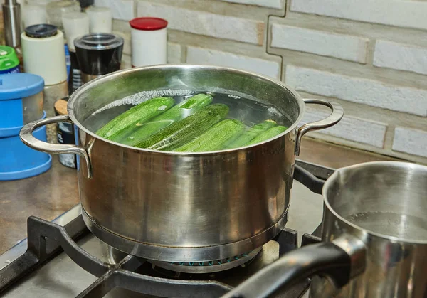 Zucchini Cooked Pot Gas Stove Kitchen —  Fotos de Stock