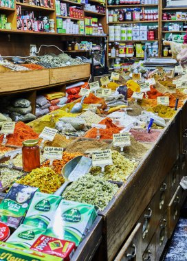 Jerusalem, Israel - November 15, 2022: Arab Bazaar in the Old City of Jerusalem. Shop selling spices.