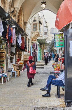 Jerusalem, Israel - November 15, 2022: Arab Bazaar in the Old City of Jerusalem.