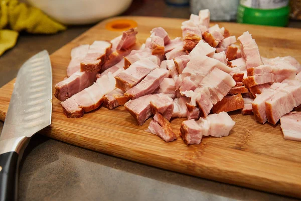 Chef Cuts Bacon Kitchen Recipe — Stock Photo, Image