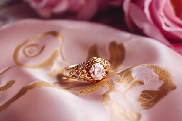 Goldring Mit Diamant Auf Rosa Seide Mit Rosen — Stockfoto