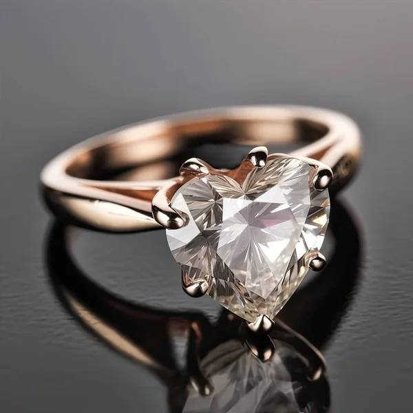 Gyllene Ring Med Diamant Form Hjärta Med Reflektion — Stockfoto