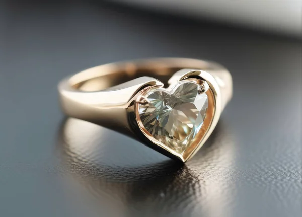 Golden ring with diamond in the shape of heart with reflection.