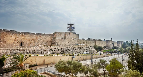 Muralla Exterior Ciudad Vieja Jerusalén Con Vistas Torre David Camino — Foto de Stock
