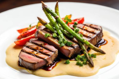 Nefis bir aşçılık şaheseri: Nefis bir biftek, mükemmel pişmiş, lüks bir restoranda lüks malzemelerle süslenmiş tabakta cızırtılar. Duyular için ziyafet, bu cezbedici yemek sanatsal ve zevkli bir yemek sunuyor..