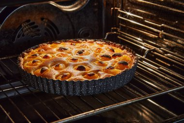 Elektrikli fırında pişirilmiş kayısılı turta. Fransız gurme mutfağı.