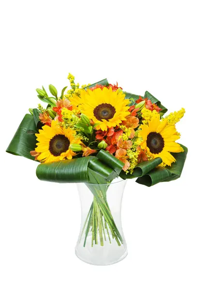 Beautiful Huge Bouquet Sunflowers Lilies Vase White Background Royalty Free Stock Images