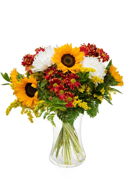 Beautiful huge bouquet of sunflowers with red garden chrysanthemums in vase on white background.