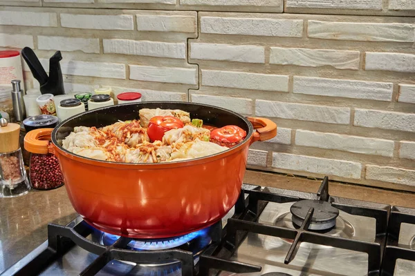Stuffed cabbage rolls and stuffed tomatoes are cooked in saucepan on gas stove.