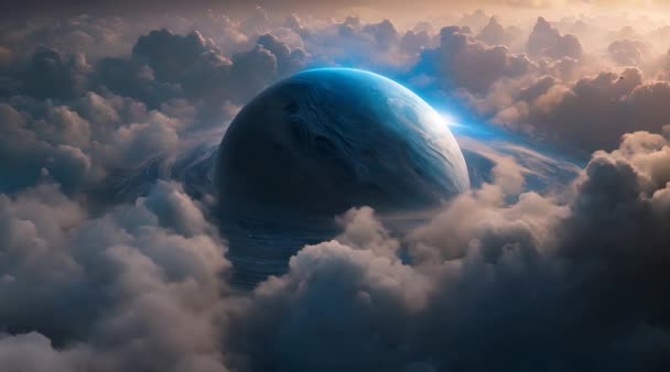 这个虚构星球的大气笼罩在深蓝色和浅蓝色的迷人阴影中 在异国情调的光芒中 旋转着的云彩和摇曳着的灯光沐浴着风景 — 图库视频影像