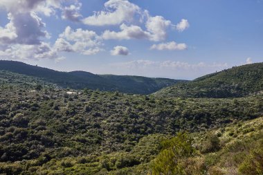 Yeşil tepelerin huzurlu bir görüntüsü ve tüylü beyaz bulutlu mavi bir gökyüzü. Canlı renkler ve yemyeşil bitkiler tepeleri kaplıyor. Geçmişleri ya da seyahat broşürleri için mükemmel..