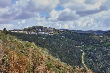Yeşil tepelerin huzurlu bir görüntüsü ve tüylü beyaz bulutlu mavi bir gökyüzü. Canlı renkler ve yemyeşil bitkiler tepeleri kaplıyor. Geçmişleri ya da seyahat broşürleri için mükemmel..