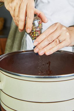 The housewife peppers the ingredients in a saucepan to prepare cream of soup on an electric stove. clipart