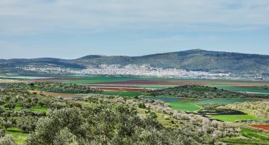 Parçalı bulutlu bir gökyüzünün altında yuvarlanan yeşil tepeler, zeytin ağaçları ve uzak tarım arazileri ile nefes kesici bir doğal manzara sükuneti çağrıştırıyor..