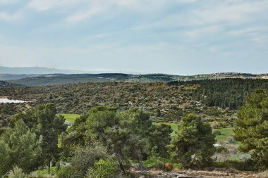 Yuvarlanan yeşil tarlaların panoramik manzarası, tarım arazileri ve bulutlu bir gökyüzünün altındaki tepelerin arasında yuva yapmış uzak bir kasaba..