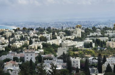 Yakınlaştırılmış şehir manzarası, kıyı şeridi yakınlarındaki yoğun binaları, yeşil ağaçları ve puslu gökyüzünün altındaki yüksek kentsel yapıları gösteriyor..