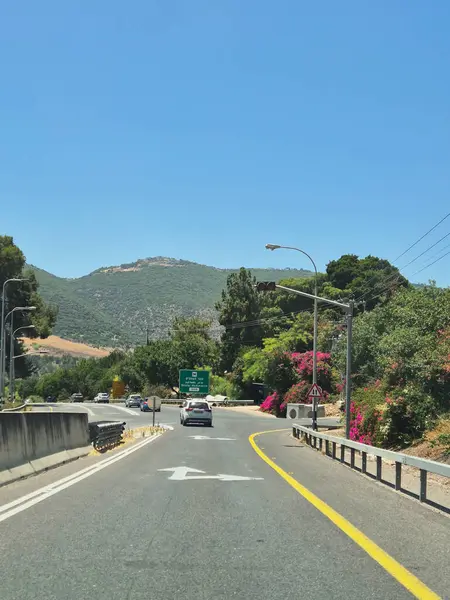 Hayfa, İsrail 24 Mayıs 2025: Kuzey İsrail 'de ağaçlarla kaplı bir yol ormanlar ve çiçeklerin arasından geçiyor, ileride trafik ışıklarına doğru giden arabalar var.