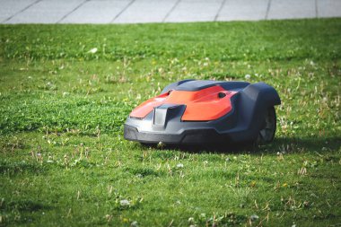 Lawn mower robot on green cut grass on sunny day in a park