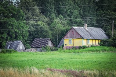 Small yellow farm house in typical surroundings of forest and grass meadow with visible field before harvest in western Europe