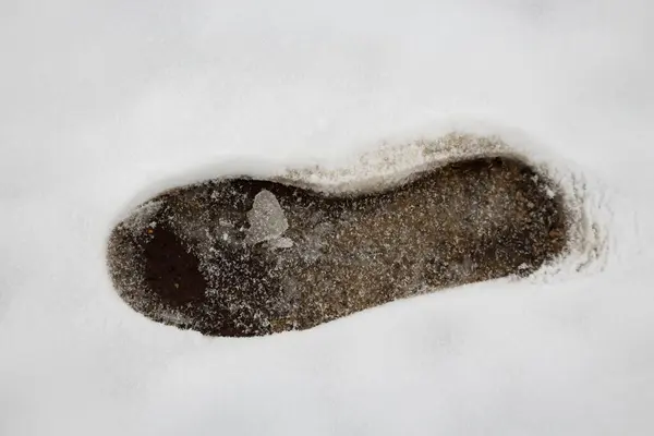 stock image Big footprint in fresh wet white snow showing transparent dark ice and some frozen grass under it