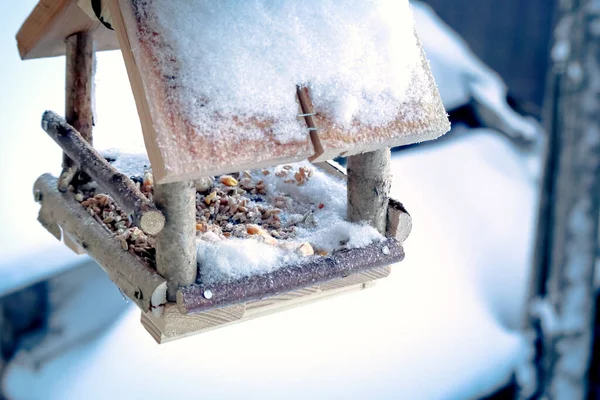 Handmade small bird feeder with seeds for birds hanging on a window covered in winter snow