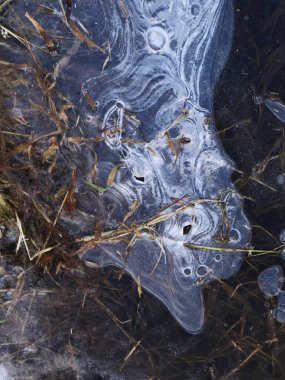Donmuş bir göl üzerindeki soyut buz oluşumlarının yakın görüntüsü, soğuk hava tarafından şekillendirilmiş karmaşık doğal desenler..