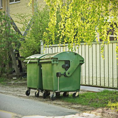Çitin yanındaki, huş ağacı dalları ve yeşilliği olan iki yeşil çöp konteyneri.