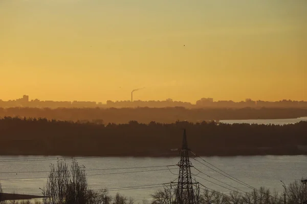 Napkelte Vagy Naplemente Város Felett Kijev Vyshhorod Ukrajna Kanyarban Dnipro — Stock Fotó