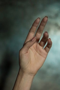 Gri arkaplanlı, seçici odaklı, basit bir manikürlü, güzel bir kadın elinin yakın çekimi. Uzun parmaklar ve narin bir bilek, plastik hareket.