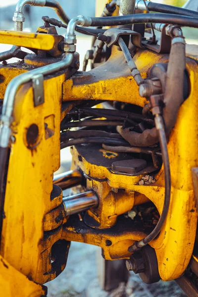 Part Big Yellow Tractor Close Tube Connection Details Bright Sunlight — Stock Photo, Image