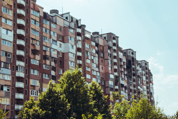 2022 Russian invasion of Ukraine bombed building destroyed Ukraine Russian aggression. Missile attack Russia against Ukraine war destruction residential building ruins city destroyed Kharkiv