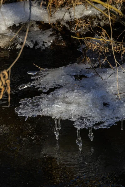 Eisglätte Über Wasser Winter Cold River Aufgrund Dessen Eis Eiszapfen — Stockfoto