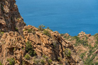 Calanques de Piana olarak bilinen manzaralı kaya oluşumlarıyla güzel bir deniz manzarası. Corse, Fransa.