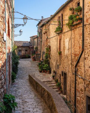 Güneşli bir yaz sabahında, Chiusdino 'nun güzel köyü. Siena ili, Toskana, İtalya.