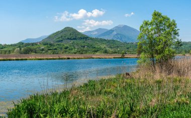 Idyllic view at Posta Fibreno Lake Natural Reserve. In the province of Frosinone, Lazio, Italy. clipart